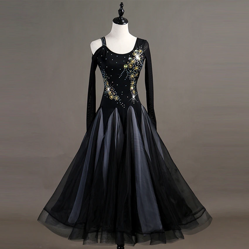 Черные платья для конкурса бальных танцев, стандартные Бальные платья, стандартные танцевальные платья, светящиеся костюмы, бальные платья для вальса