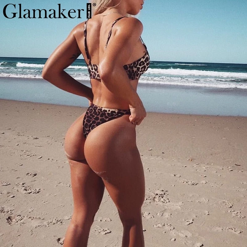 Glamaker Leopard sexy string push up bodysuit Women two-piece suits short playsuit rompers Female summer beach bodysuit overalls