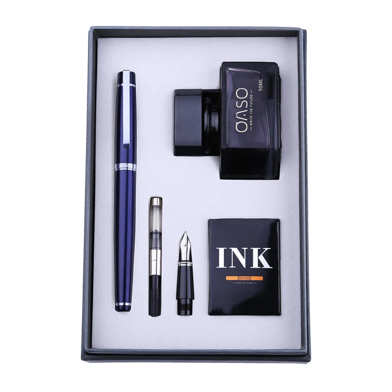 

Free Engraved Text Double Nib Fountain Pen Ink Set OASO Business Office Financial Pens High-end Christmas Gift Set for Friend