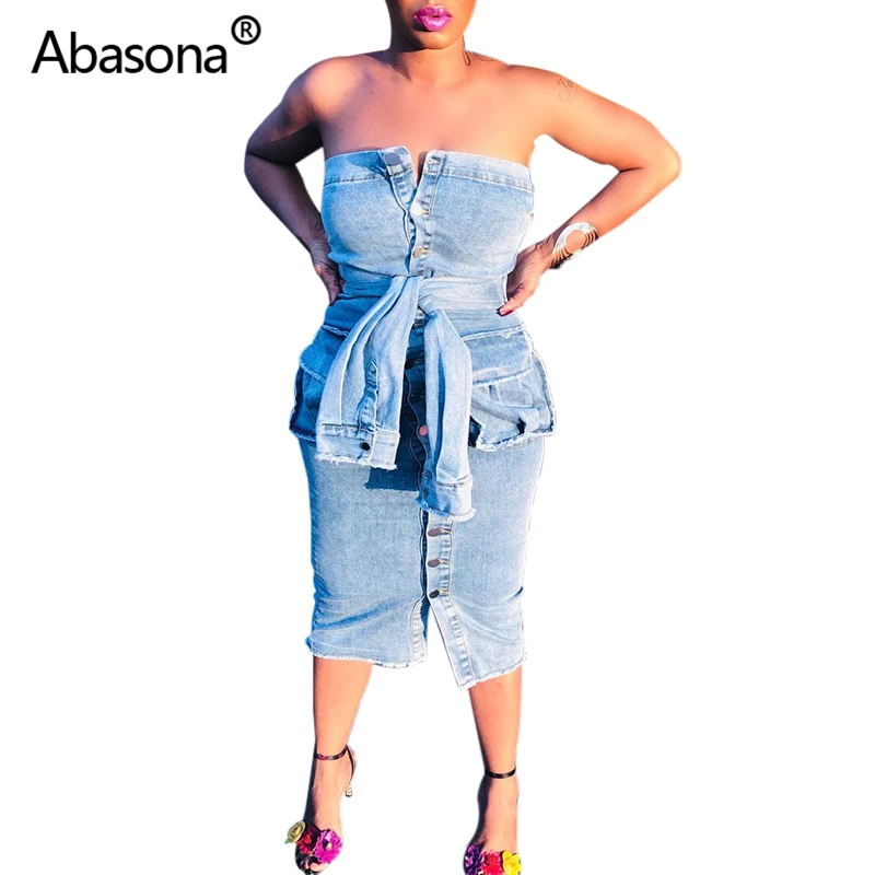 

Abasona Denim Jeans Dress Beggar Destroyed Pockets Sashes Buttons Up Front Strapless Sexy Party Dresses Backless Pencil Dress