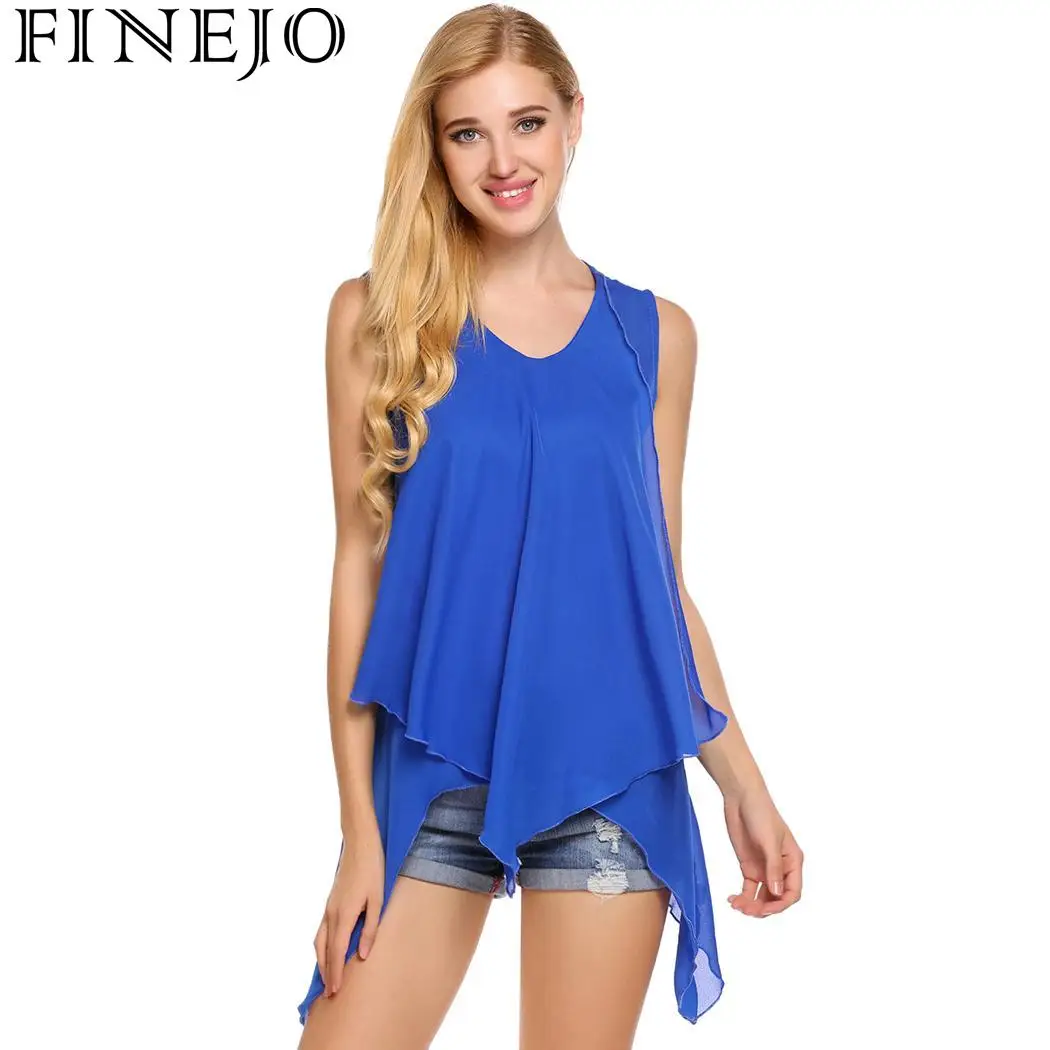 FINEJO Solid Casual V Neck Sleeveless Asymmetrical Hem Women Pullover