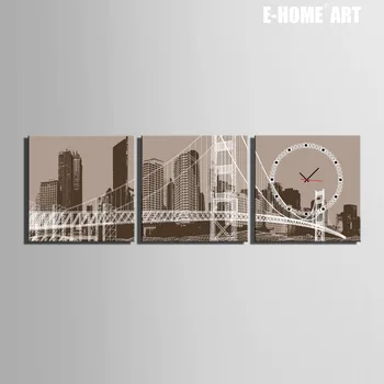 

Free Shipping E-HOME City And Bridge Clock in Canvas 3pcs wall clock