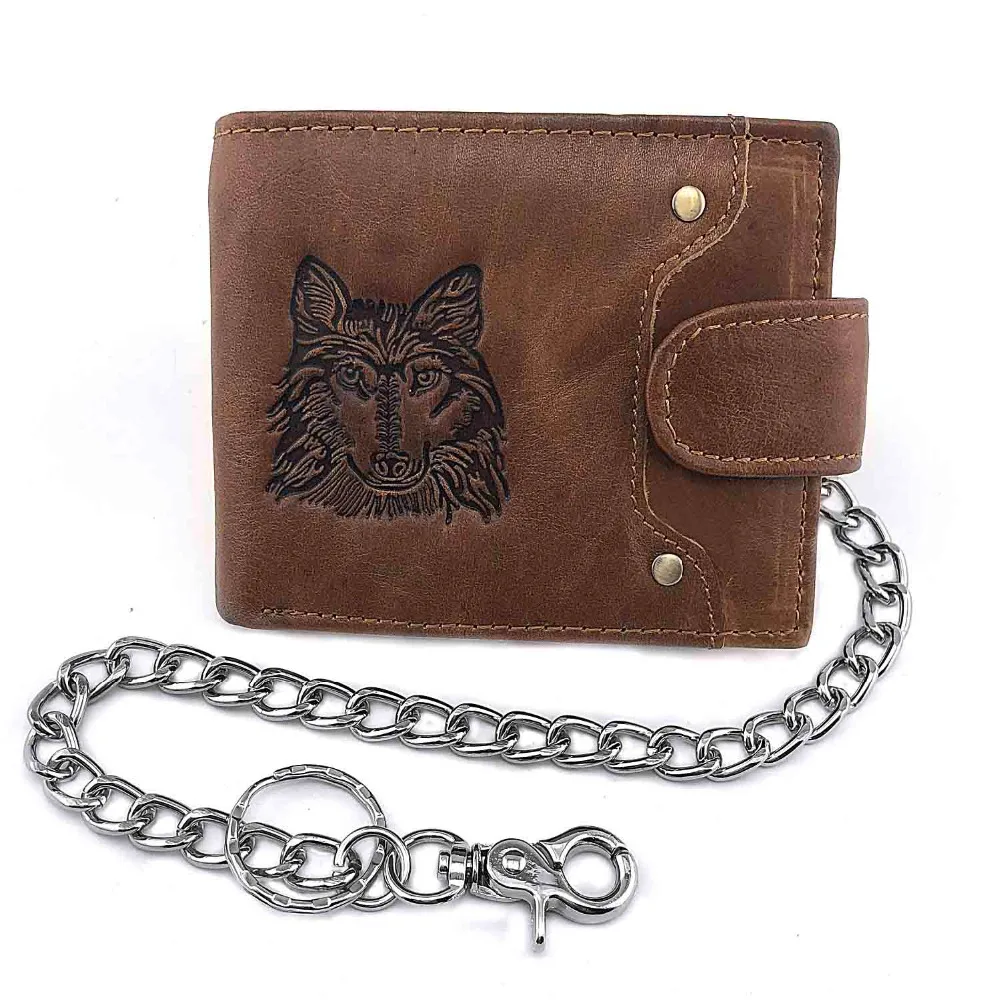 Wolf Snap Men Biker Genuine Leather Internal zipper Card Holder Wallet