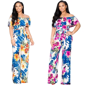 

Women Summer Floral Printed Ruffles Slash Neck Jumpsuits 2020 Spring Summer Sexy Wide Leg Long Vintage Rompers Playsuits Overall