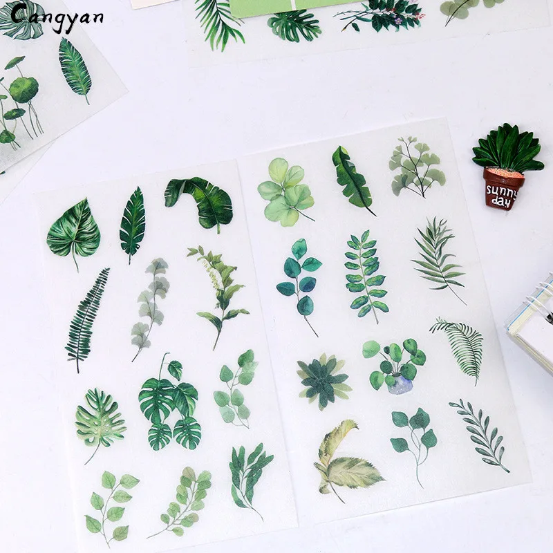 

6pcs Diary hand account hand-painted material fresh Nordic wind green leaf sticker gold pattern stickers toy stickers