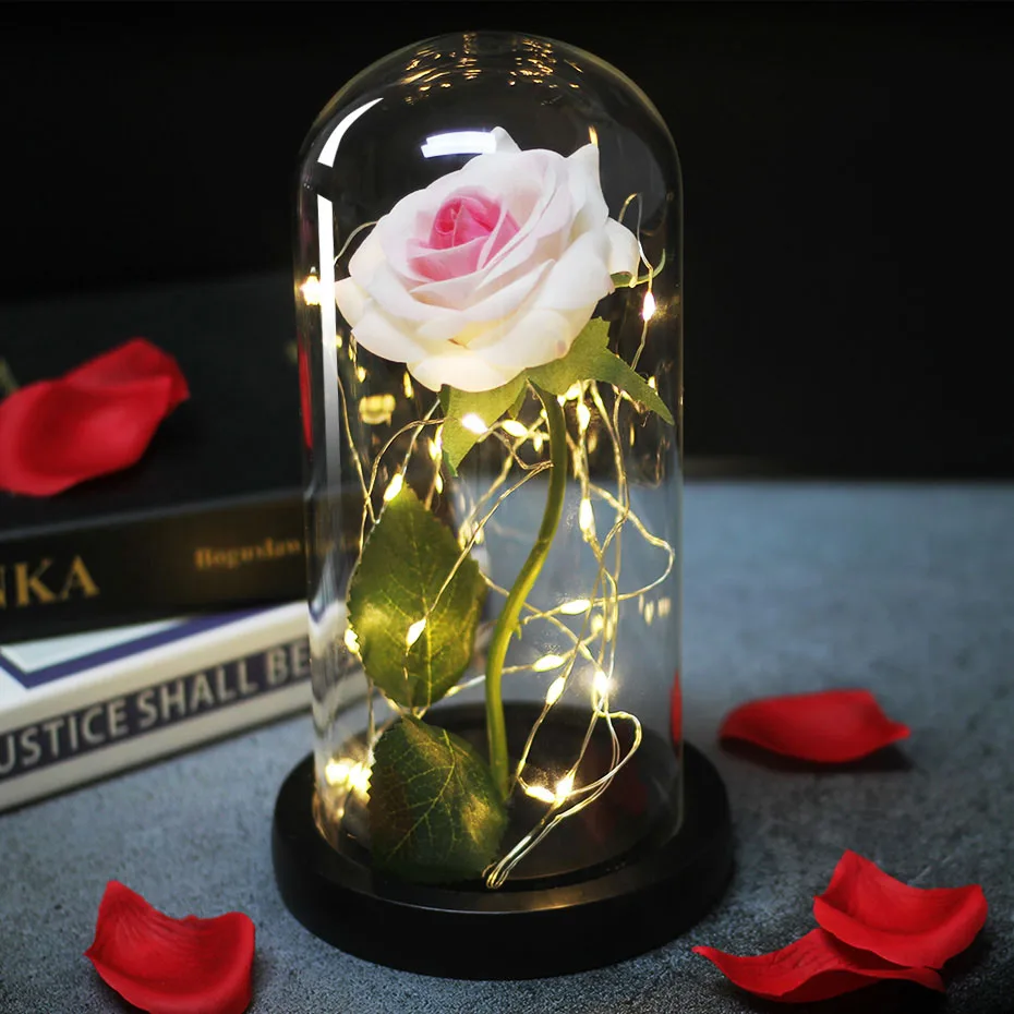 Красота и чудовище розы в стеклянном куполе светодиодный светильник деревянная основа для романтического Валентина подарок на день рождения - Цвет: 2