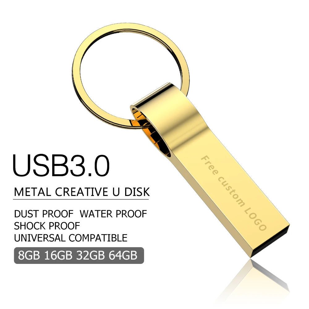 Новинка, usb флеш-накопитель, 32 ГБ, USB 3,0, серая металлическая ручка, 4 ГБ, 8 ГБ, 16 ГБ, флешка, 64 ГБ, флеш-накопитель, 128 ГБ, мини-накопитель, печать логотипа - Цвет: Gold