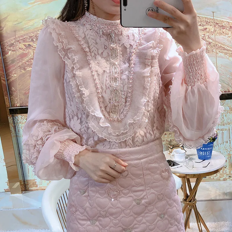 

Spring Autumn Women Long Sleeve Blouse Sweet Floral Beading Lace Shirt Female Ruffles Mesh Blouses Short Bottoming Tops AB1446