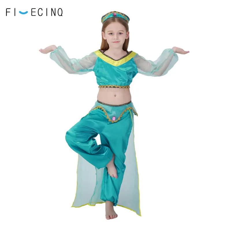 

Girls Belly Dance Cartoon Kid India Princess Costume Green Suit Cosplay Cute Child Halloween Female Fancy Performance Carnival