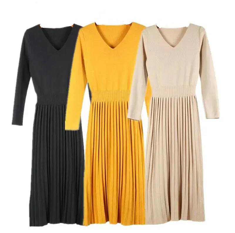 

2018 Women V-neck Long Sleeves Knitted Sweater Dress Slim Pleated Long Midi Dress Korean Fashion Dress