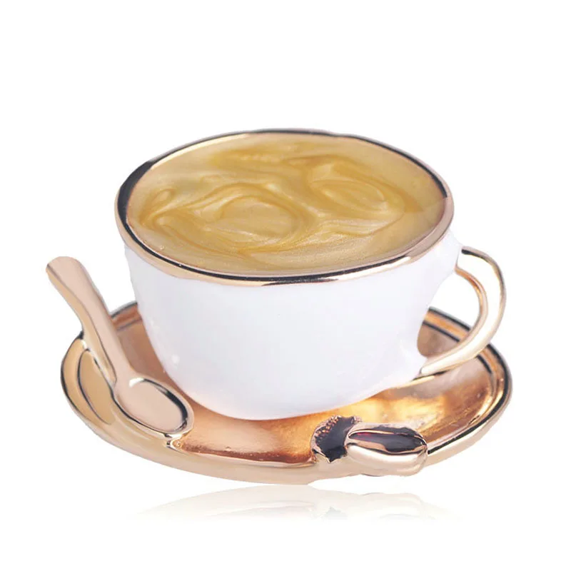 

Coffee Cup Spoon Disc Shape Brooches White Enamel Gold Color Brooch Pins Women Men Clothes Suit Coat Accessories