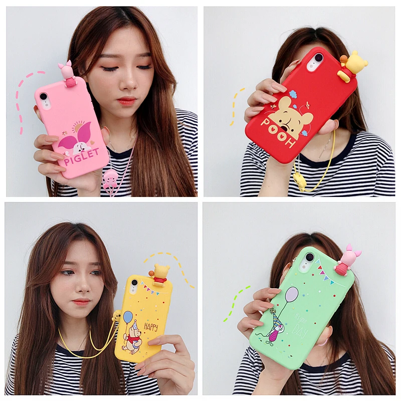 

3D Cartoon Toys Piglet Bear Pooh Winnie Case for iPhone 7 8 6 6S Plus X XS MAX XR Fundas Soft Cover Phone Cases With Hand Strap