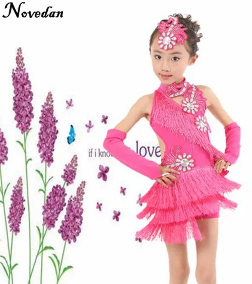 Платья для латинских танцев для девочек; бахрома для сальсы с блестками; платье для танго; Детский костюм «Самба»; Детские бальные платья для танца «Румба» - Цвет: Solid Hot pink