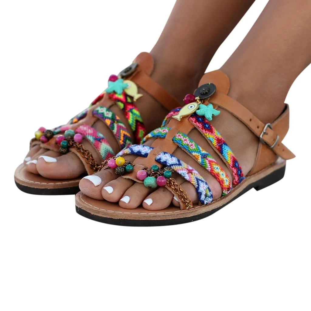 Shoes Women Sandalias Mujer Colorful Ethnic Bohemian Summer Women Sandals Gladiator Roman Shoes Flat Shoes zapatos de mujer