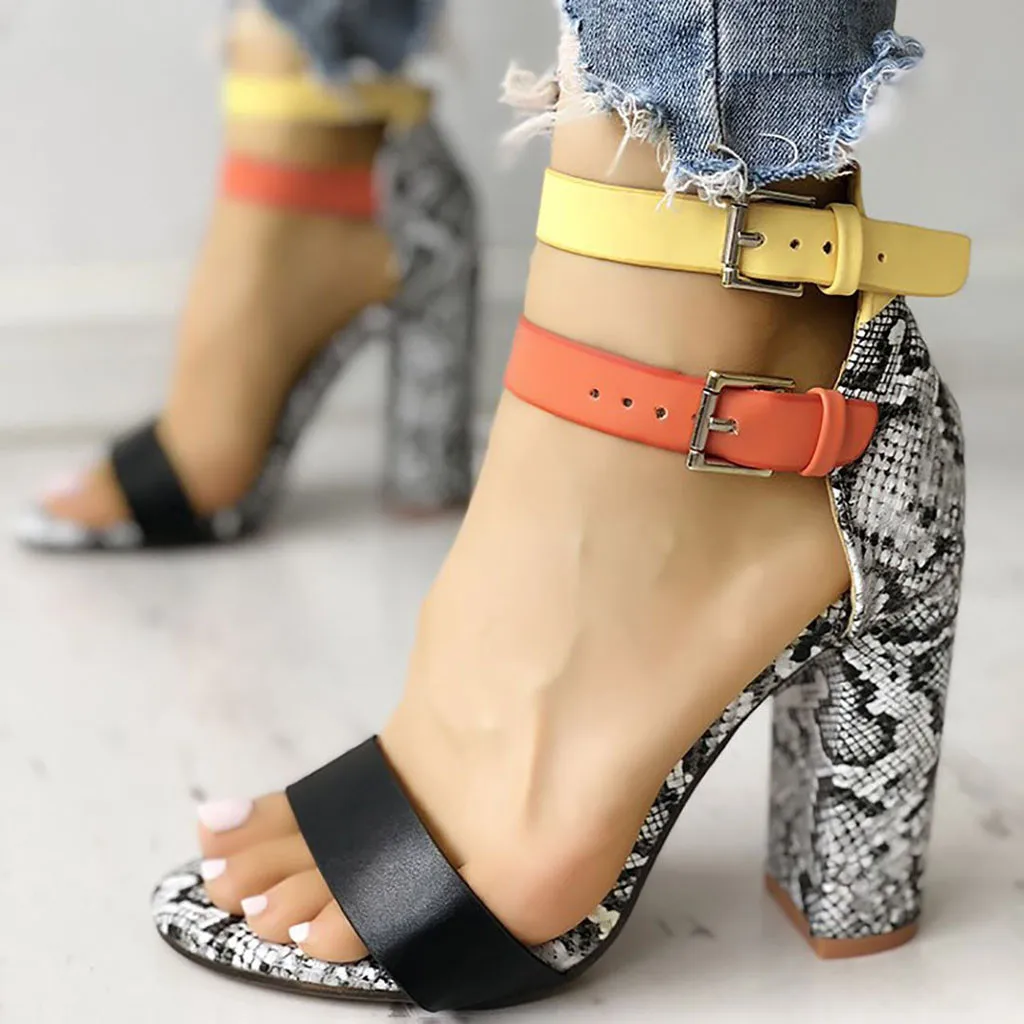 

Women's Snake print Ladies Fashion Mixed Colors High Heels Buckle Sandals Casual Shoes high heels sandals women#G5