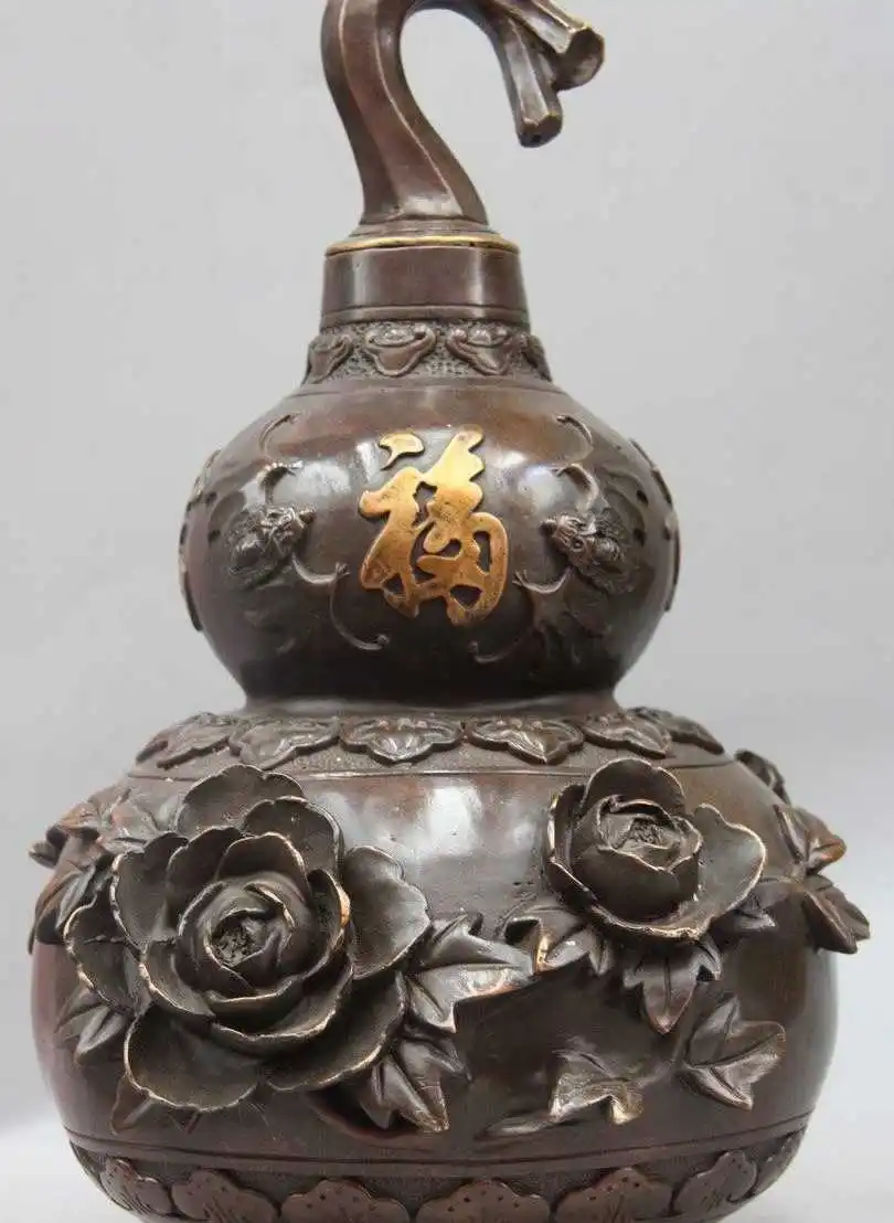 

17" China Bronze Copper Feng Shui Peony Flower Bat Blessing Bottle Gourd Statue