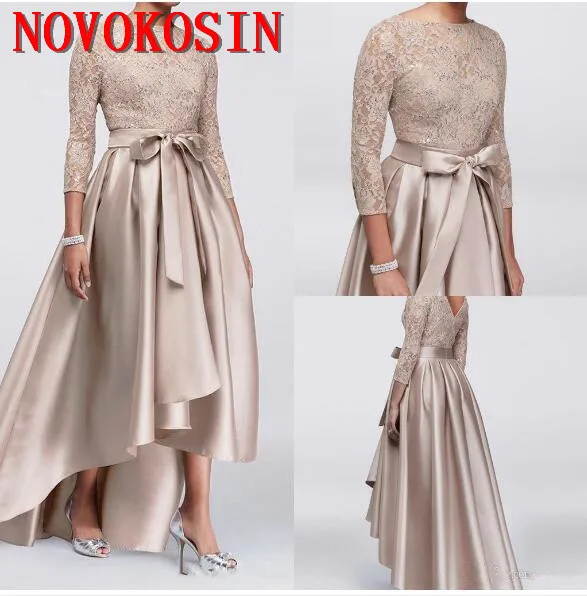 

2019 High Low Mother of the Bride Dress Three Quarter Sleeve Beaded Lace Satin Formal Party Gowns Wedding Guest Dress