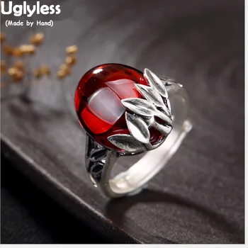 

Uglyless Real 990 Fine Silver Women Luxury Chalcedony Rings Ethnic Bijoux Handmade Bamboo Leaf Hollow Ring Vintage Fine Jewelry