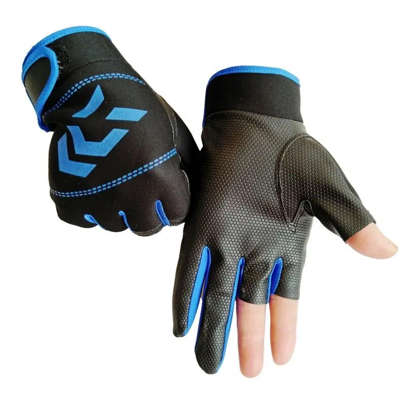 Мужские перчатки для рыбалки на открытом воздухе, Нескользящие защитные перчатки для рыбалки, спортивные перчатки с тремя пальцами - Цвет: Синий