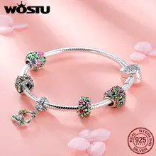 WOSTU Venta de plata de ley 925 de primavera flores hojas y pájaro pulsera del encanto para las mujeres de la marca de moda joyas de cuentas regalo FIB804(China)
