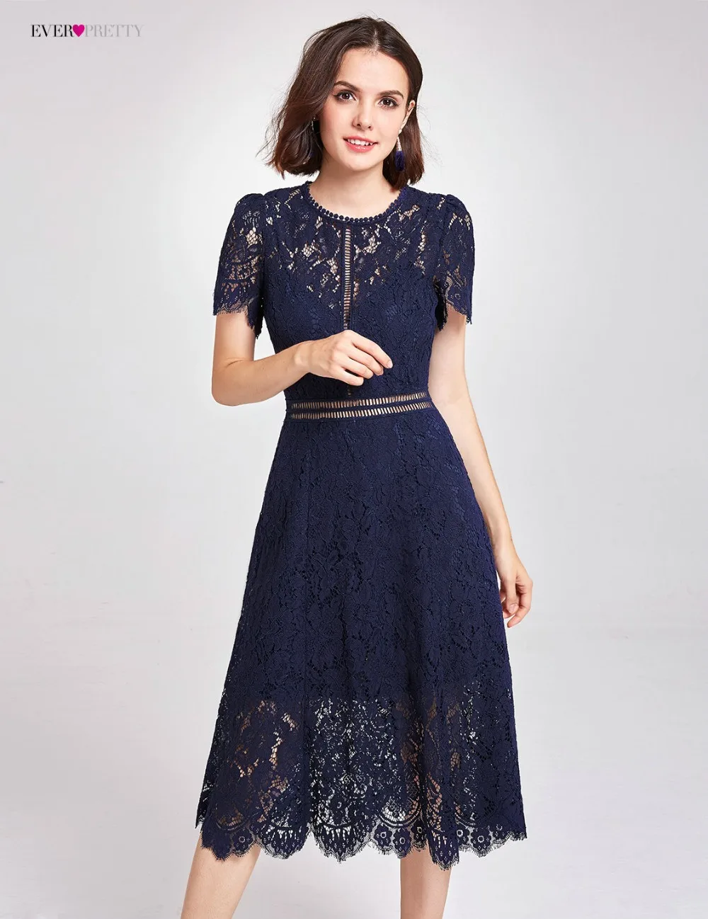 Новое Поступление Коктейльные платья Ever Pretty AS05921NB женские Дешевые трапециевидные кружевные платья с коротким рукавом и вырезами размера плюс Скромные Вечерние платья
