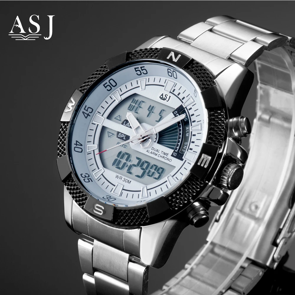 

Hot Fashion Brand ASJ Men LCD Display Watches Army Stainless Steel Waterproof Military Watches Men Business Casual quartz Watch