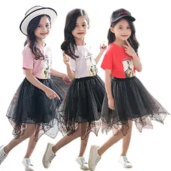 Распродажа, новый летний комплект одежды для маленьких девочек, детская хлопковая футболка/кружевная юбка, комплект из 2 предметов