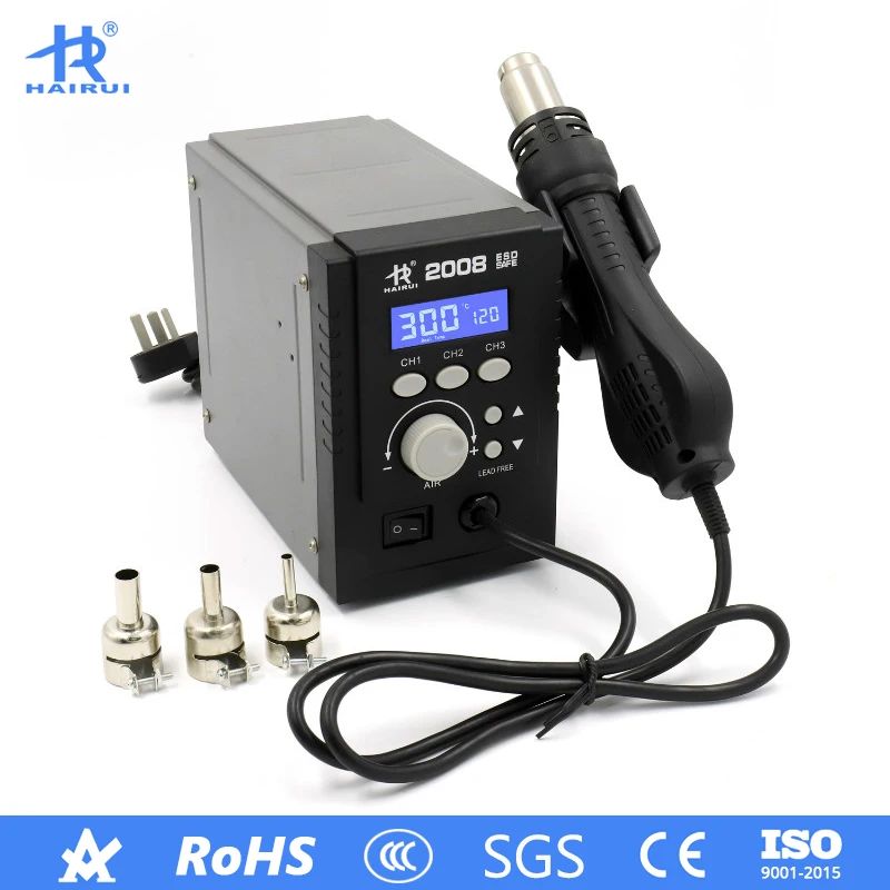 

HAIRUI 750W 120L/min LCD Digital Display Intelligent Soldering SMD Rework Station