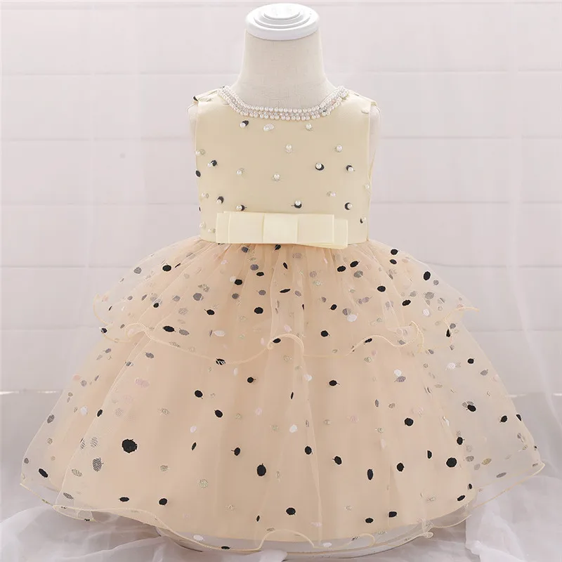 Кружевное платье-пачка в горошек для новорожденных девочек; платье для малышей с бантом; милое платье для дня рождения; платье принцессы для крещения; детское платье для девочек; L1876XZ - Цвет: champagne