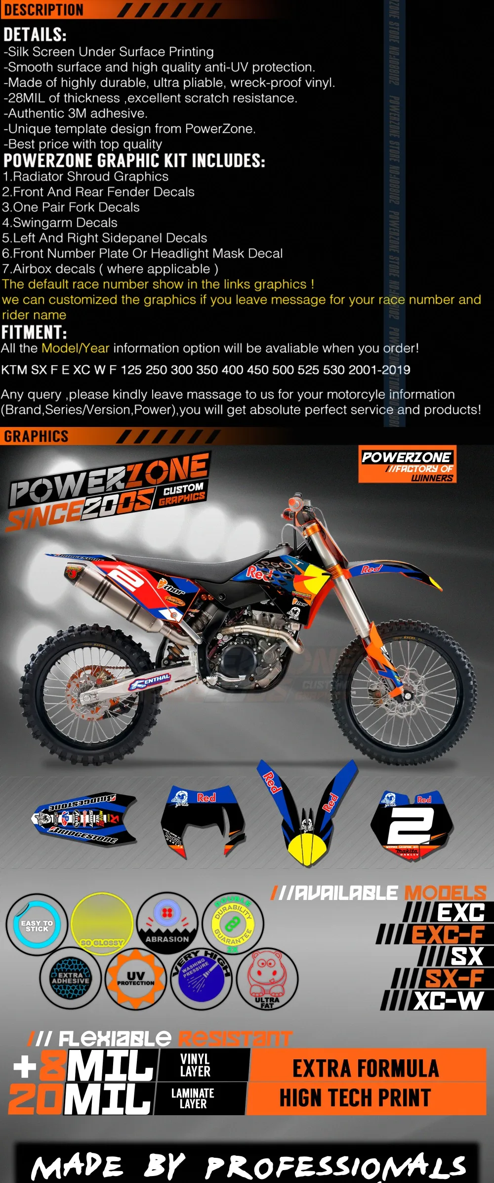 PowerZone на заказ футбольной команды Графика Фоны наклейки 3м-наклейки комплект для KTM SX SXF MX EXC XCW Enduro 125cc к 500cc 2007-2011 017