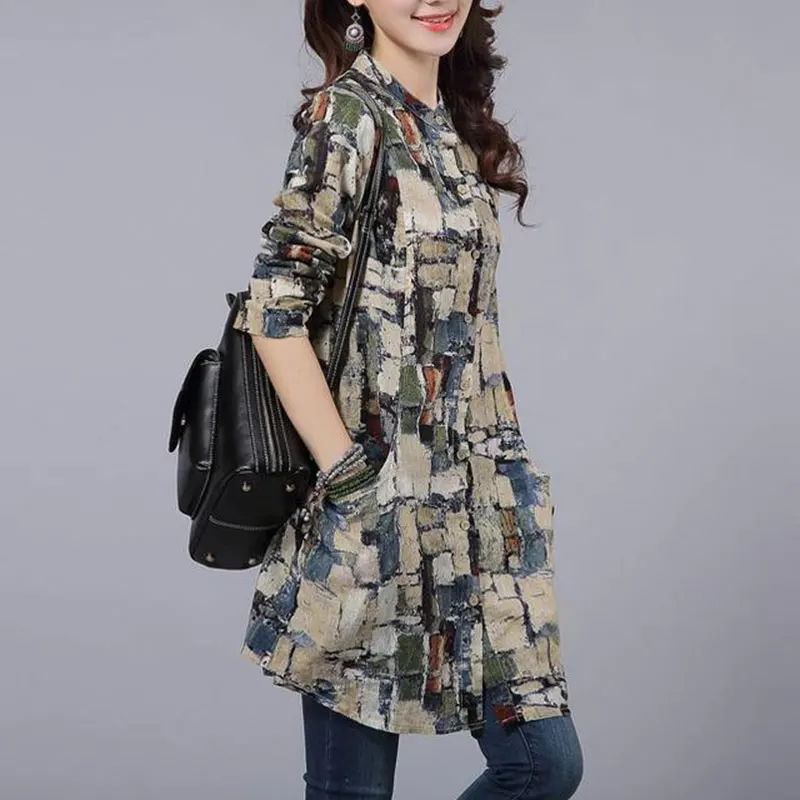 

New Spring Autumn Women Loose Casual Shirt Plus Size Vintage Print Cotton Linen Long Tops Ladies Stand Collar Blouses D146
