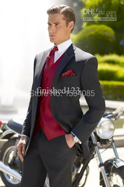 Black Two buttons Peak Lapel Groom Tuxedos Groomsmen Men Wedding Suits Best man (Jacket+Pants+Vest+Tie) BM:779 | Мужская одежда