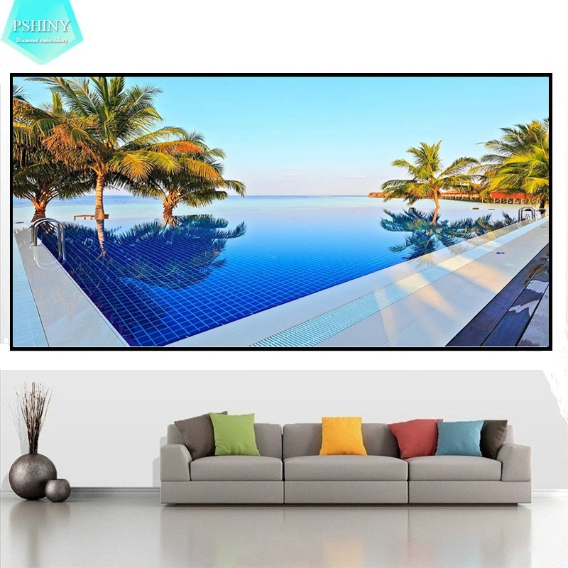

PSHINY 5D DIY Diamond embroidery leisure swimming pool picture Full square drill rhinestone scenic diamond painting cross stitch