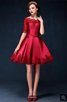 

2017 new design red/wine short a line satin prom dress off the shoulder half sleeve lace prom gowns petite prom dresses