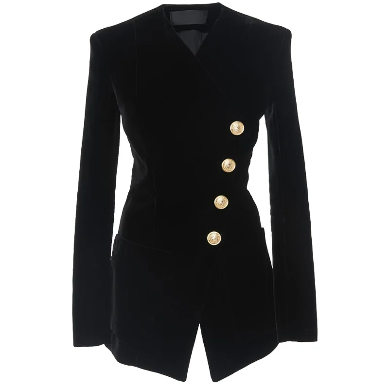 

New Women Wear Received Waist Suit Black Velvet Chic Suit Long and Medium length Women Coats & Jacket