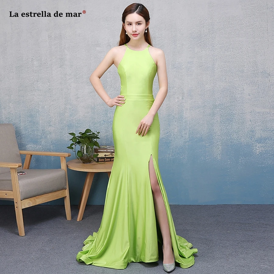 Vestido madrinha 2018 новая satin Halter neck спинки Высокая Сплит лаймовый Зеленый Сексуальная Русалка нарядное платье длинные большие размеры