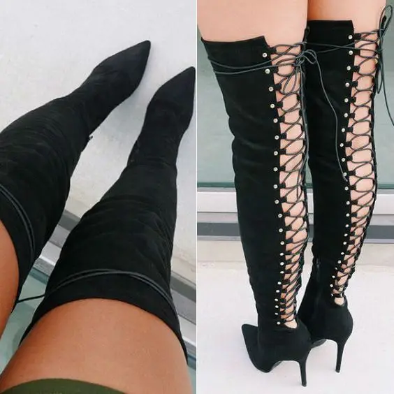 Newest black suede over the knee high heel boots sexy pointed toe back lace-up thigh high boots summer thin heels boots