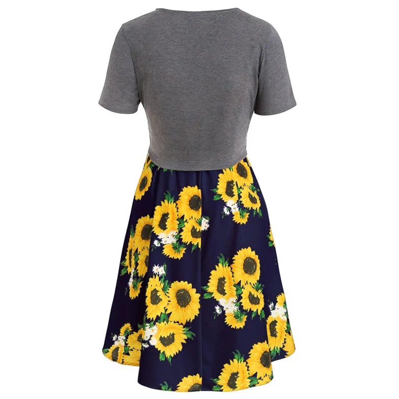 New Women Summer Sexy Short Sleeve Bow Knot Bandage Top Sunflower Print Mini Dress Suits Bohemian Casual Beach Dress #4A30 (14)