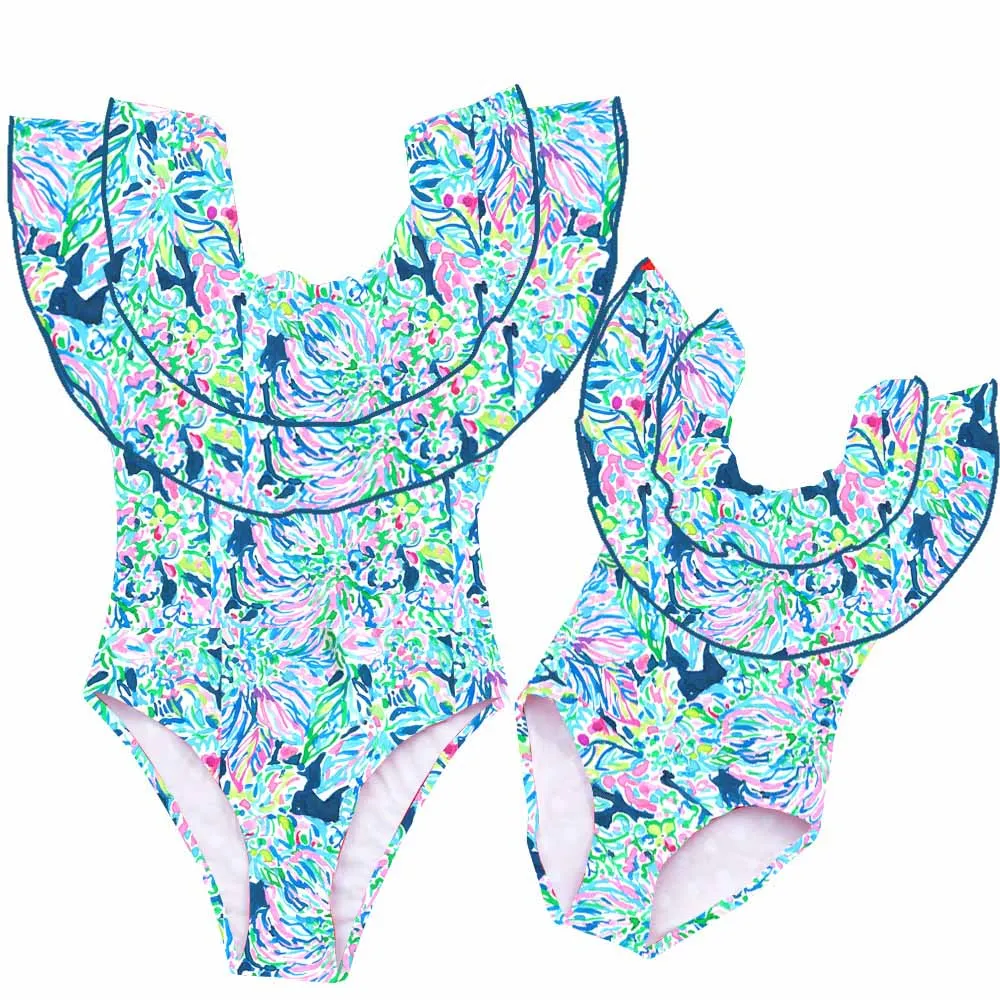 

family matching swimsuit Mother And Daughter Swimsuit with headband 2019 Floral pattern Look Mommy And Me -05