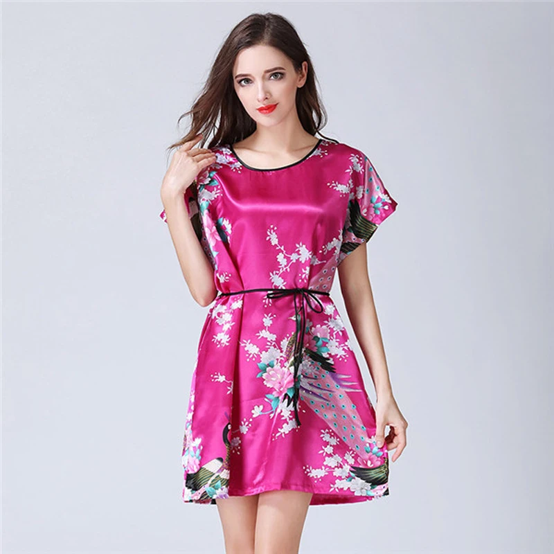 Женская атласная ночная рубашка с цветочным принтом и павлином|sleepwear women|women satinsatin