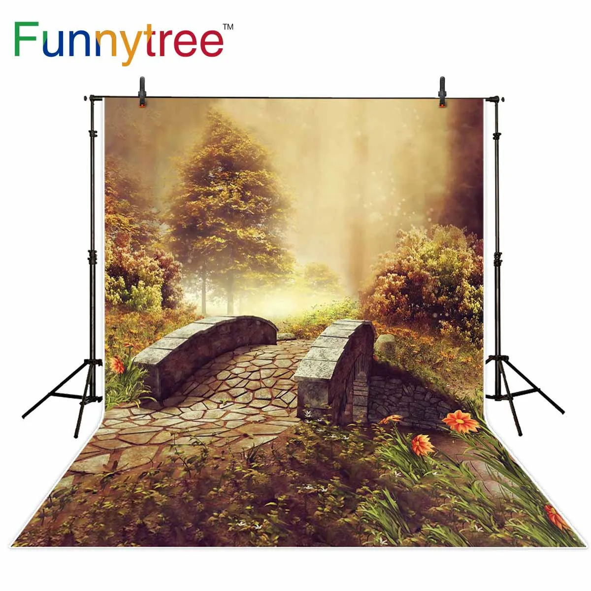

Funnytree background for photo studio Stone bridge autumn flower forest kids photography backdrop photobooth photocall printed