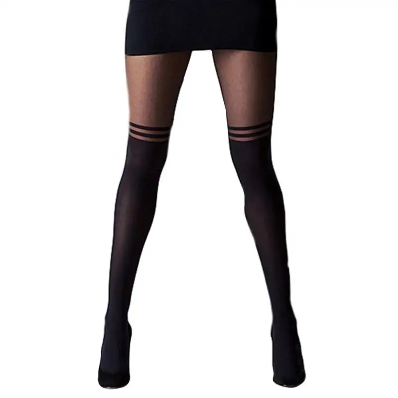 

Brand New Women Pantyhose Cool Mock Over The Knee Double Stripe Sheer Black Sexy Sheer Mock Stocking Suspender Tights z1