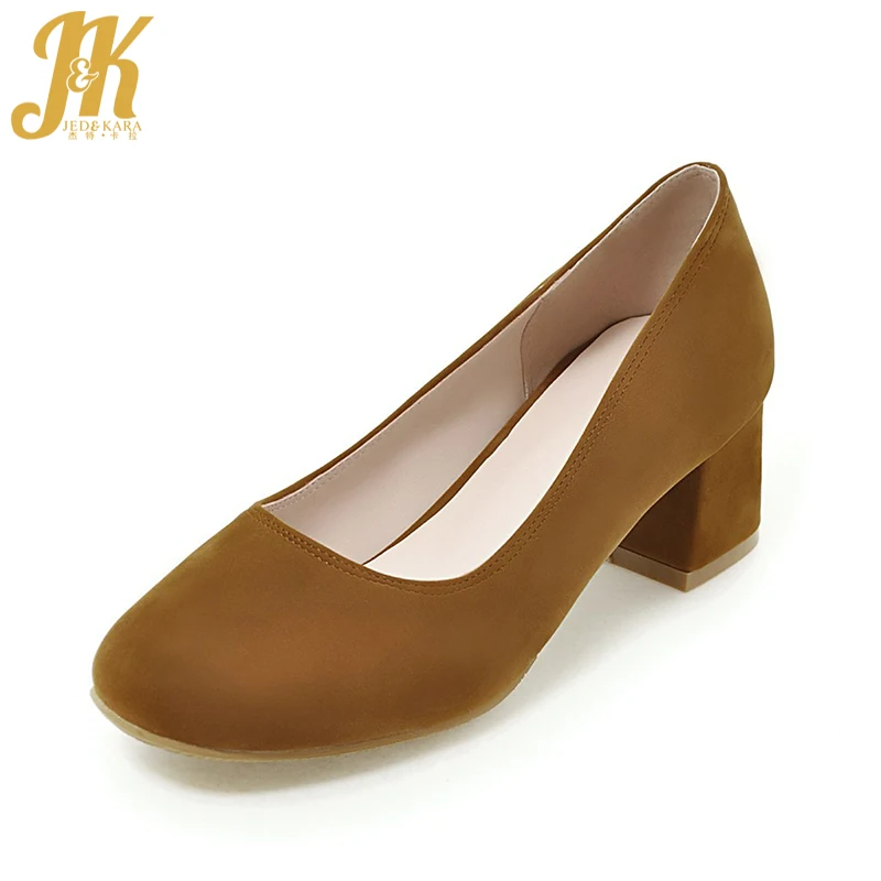 

J&K Big Size 33-43 Sexy Round Toe Med Heels Shoes Woman Fashion Square Heel Elegant Shallow Boat Shoes Women Pumps Dress Shoes