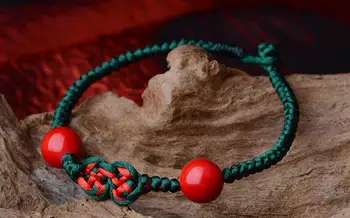 

Chinese style red beaded green line retro hand-made red rope bracelet female