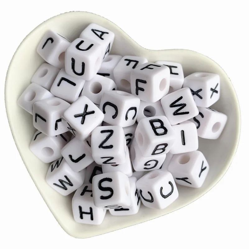

Mini Order 30PCs A-Z Acrylic Alphabet Letters Beads 10X10MM Cube Square 3D White with Black Initial Printed Plastic Letter Beads