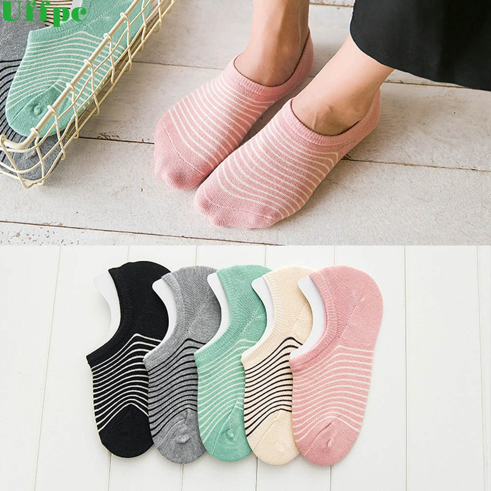 

10pieces=5pair summer ankle socks women candy color non-slip stripe silicone antiskid invisible socks cool Cotton sock