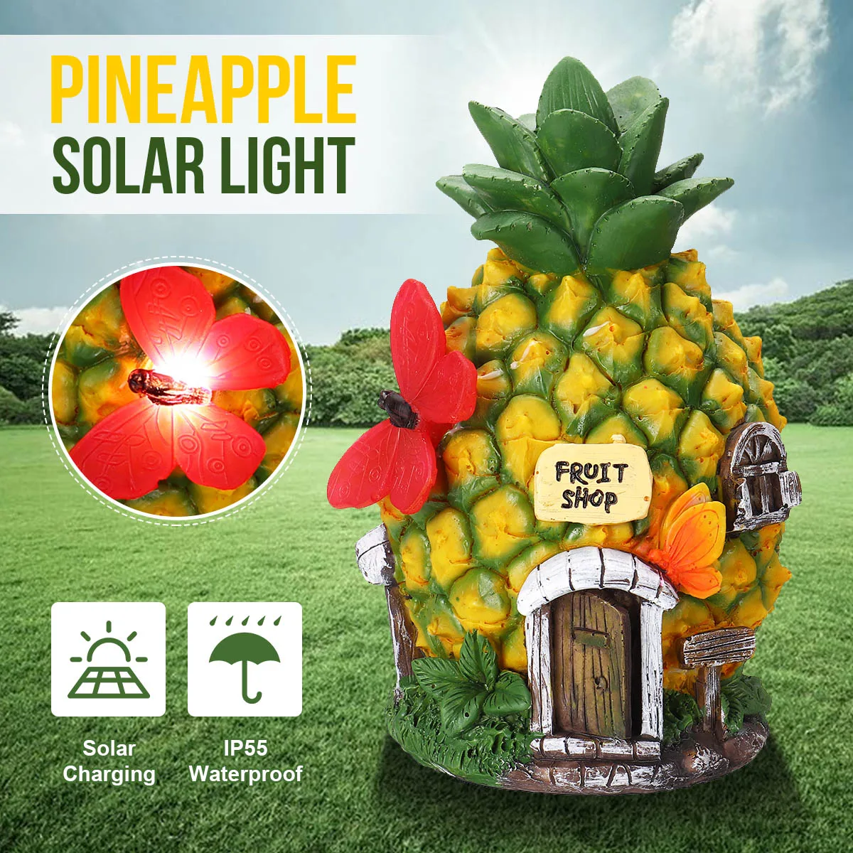 

LED Solar Pineapple Light Garden Lamp Patio Home Yard Decor Landscape Outdoor Resin 21x11cm Energy Saving IP55 Waterproof