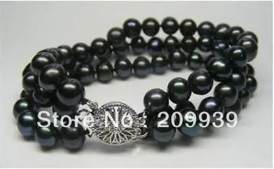 

huij 0063 AAA 7-8MM 3 Row Black Akoya Cultured Pearl Bracelet 7.5