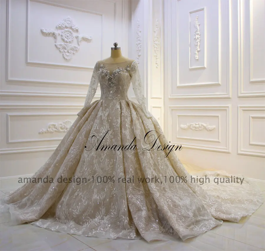 Amanda дизайн robe de princesse длинный рукав горный хрусталь кристалл шампанское роскошные кружево свадебное платье