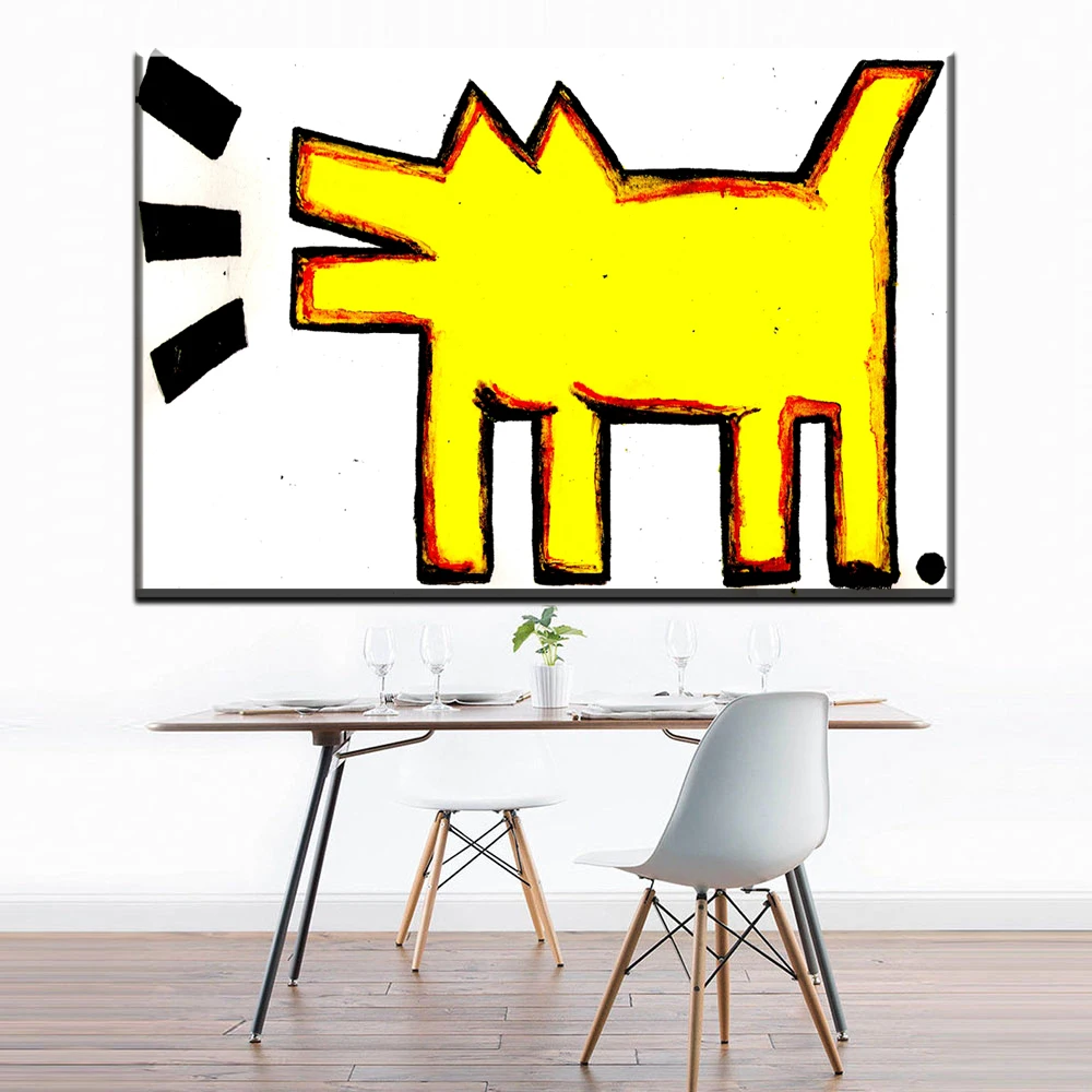 

ZZ1415 modern abstract canvas art yellow abstract dog keith haring canvas oil art painting for living room bedroom decoration